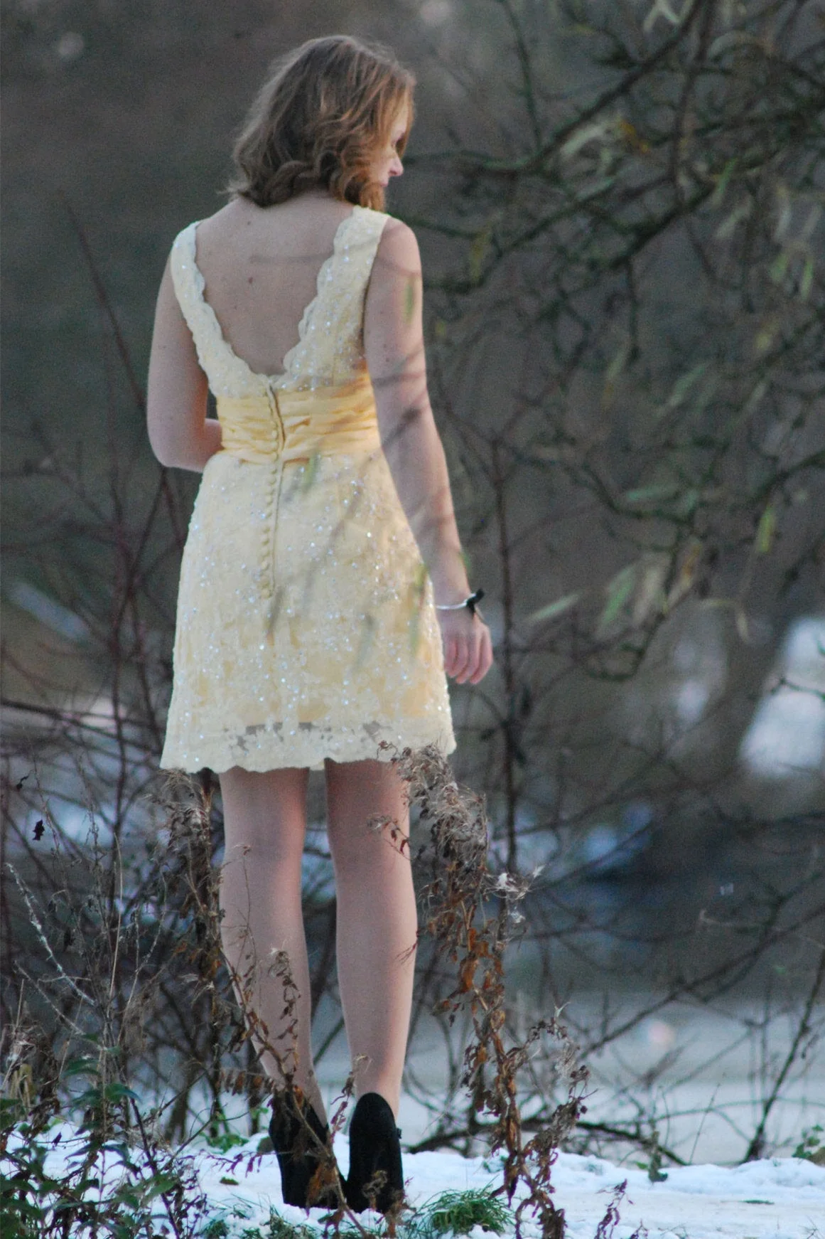 A-line V-neck Wide Strap Knee Length Organza Lace Rhinestone Prom Dress - Image 2