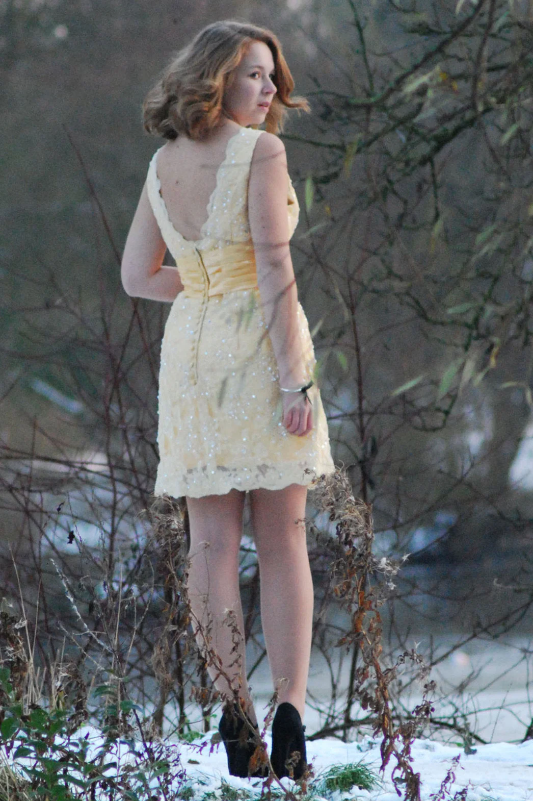 A-line V-neck Wide Strap Knee Length Organza Lace Rhinestone Prom Dress - Image 5