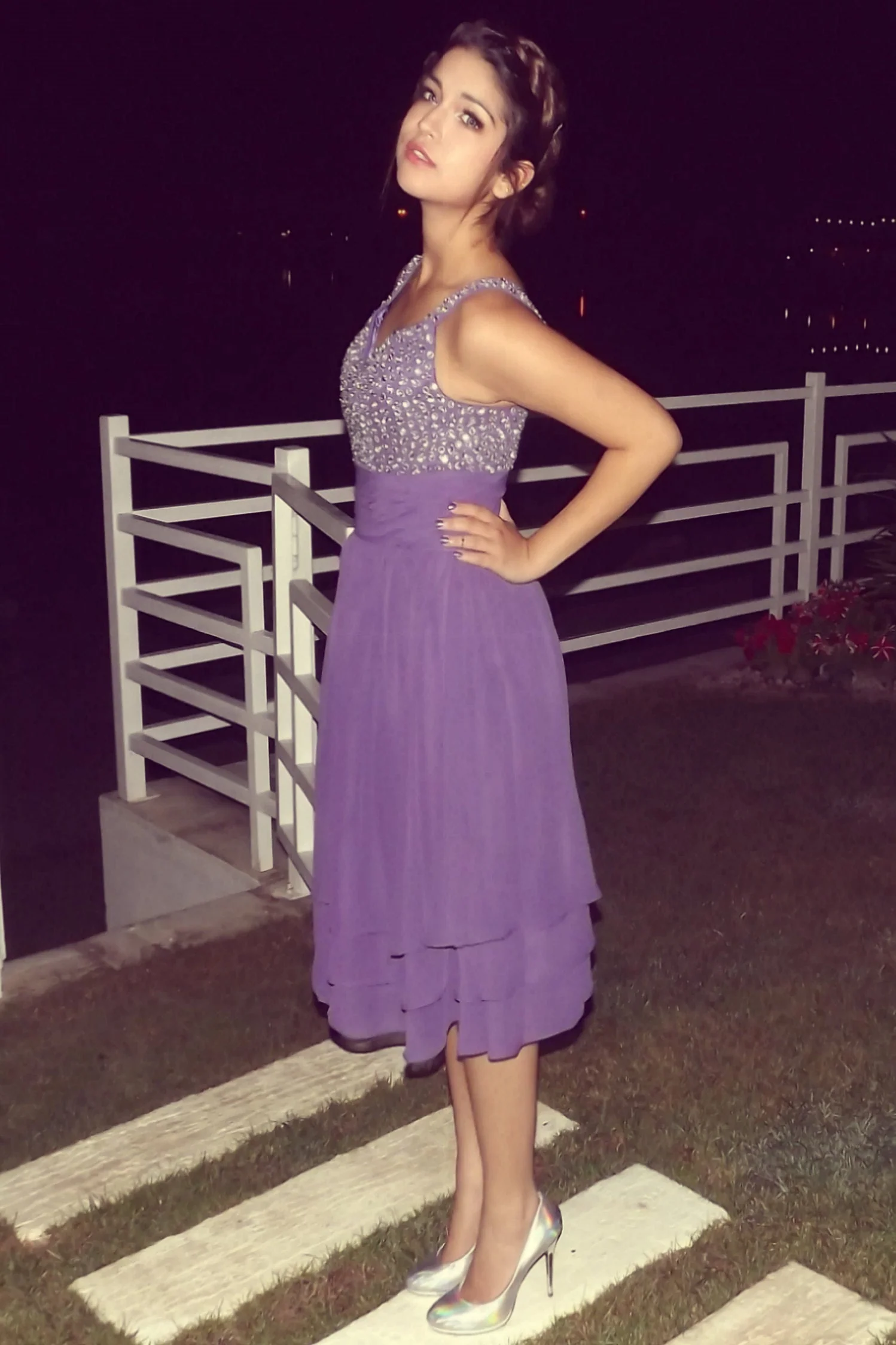 A-line V-neck Wide Strap Tea Length Tulle Rhinestone Homecoming Dress - Image 2