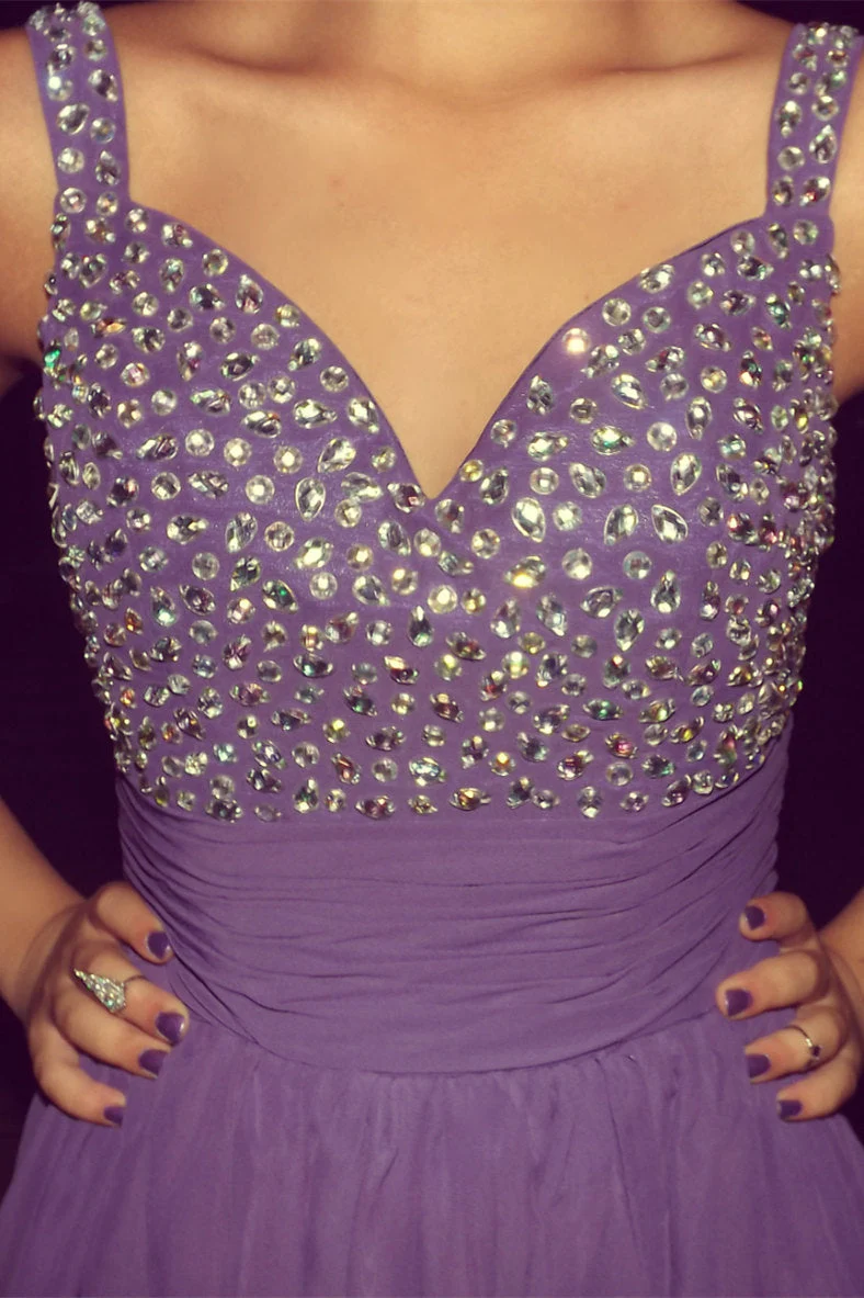 A-line V-neck Wide Strap Tea Length Tulle Rhinestone Homecoming Dress - Image 3