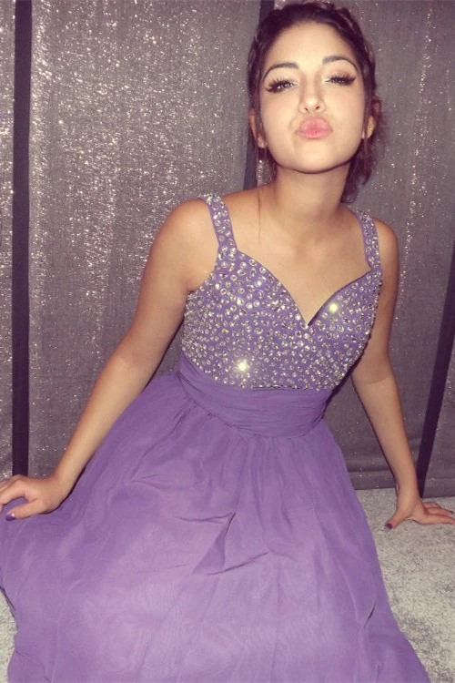 A-line V-neck Wide Strap Tea Length Tulle Rhinestone Homecoming Dress - Image 6