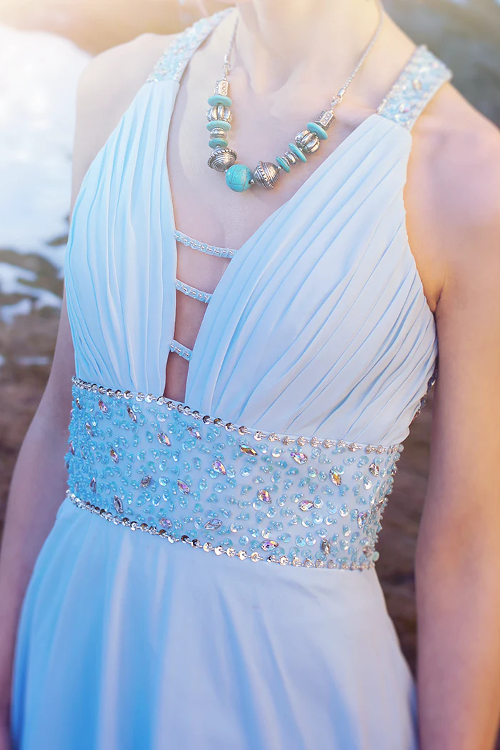 A-line V-neck Wide Straps Floor Length Chiffon Backless Rhinestone Evening Dress - Image 4