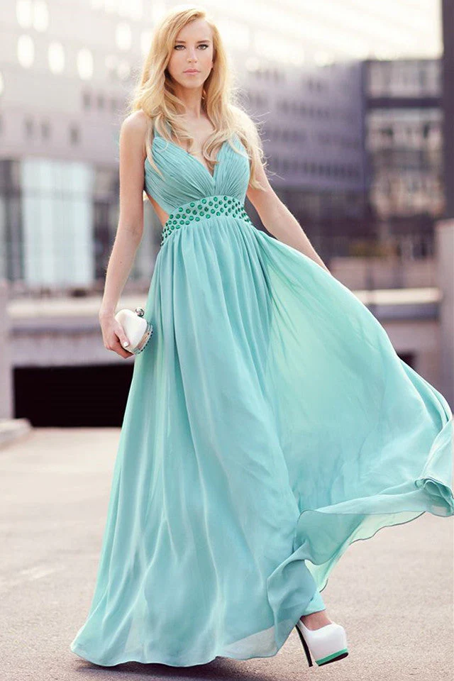A-line V-neck Wide Straps Sleeveless Floor Length Backless Chiffon Evening Dress - Image 3