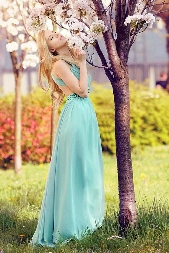 A-line V-neck Wide Straps Sleeveless Floor Length Backless Chiffon Evening Dress - Image 4