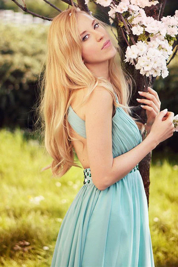 A-line V-neck Wide Straps Sleeveless Floor Length Backless Chiffon Evening Dress - Image 6