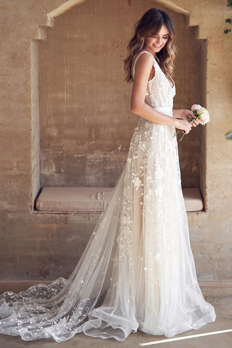 A-line Wedding Dress Sleeveless Lace Chic V-Neck Bridal Gowns With Train - Image 2