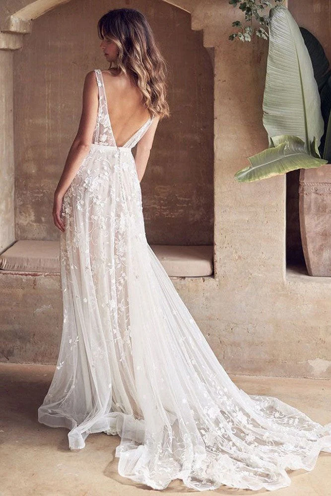 A-line Wedding Dress Sleeveless Lace Chic V-Neck Bridal Gowns With Train - Image 3