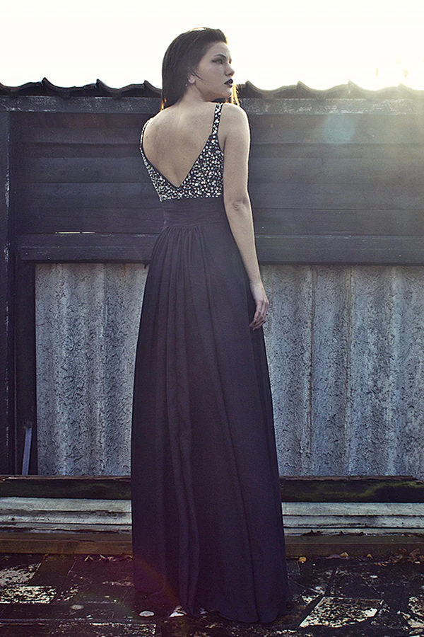 A-line Wide Strap Floor Length Chiffon Rhinestone Backless Prom Dress - Image 3