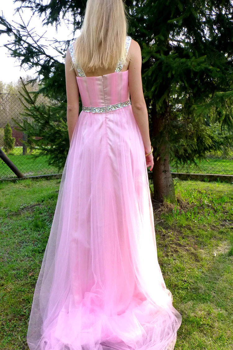 A-line Wide Strap Floor Length Chrmuse Tulle Rhinestone Prom Dress - Image 2