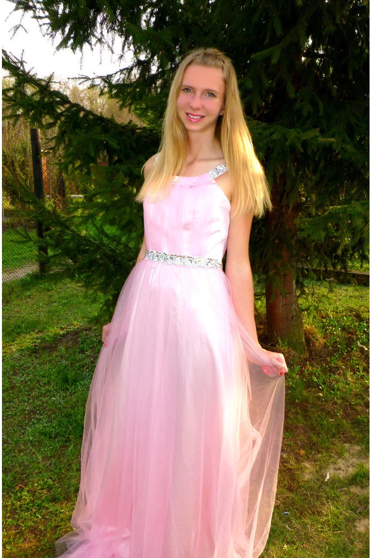 A-line Wide Strap Floor Length Chrmuse Tulle Rhinestone Prom Dress - Image 4