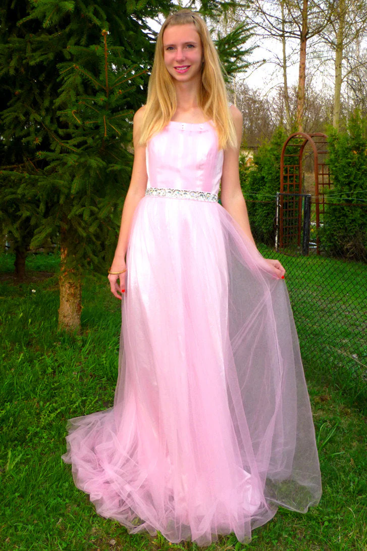 A-line Wide Strap Floor Length Chrmuse Tulle Rhinestone Prom Dress - Image 5