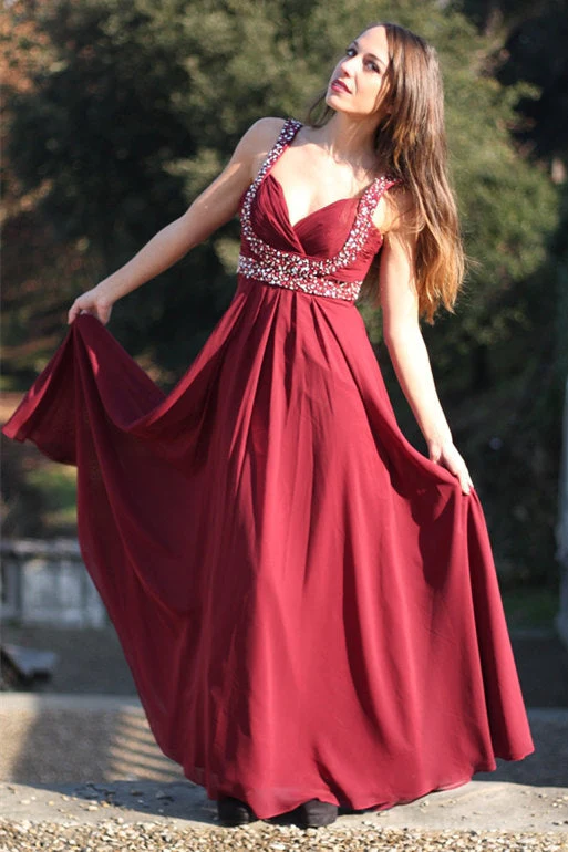 A-line Wide Strap V-neck Floor Length Chiffon Rhinestone Prom Dress - Image 4