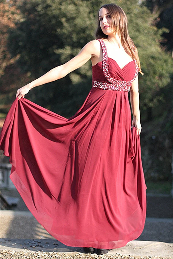 A-line Wide Strap V-neck Floor Length Chiffon Rhinestone Prom Dress - Image 5