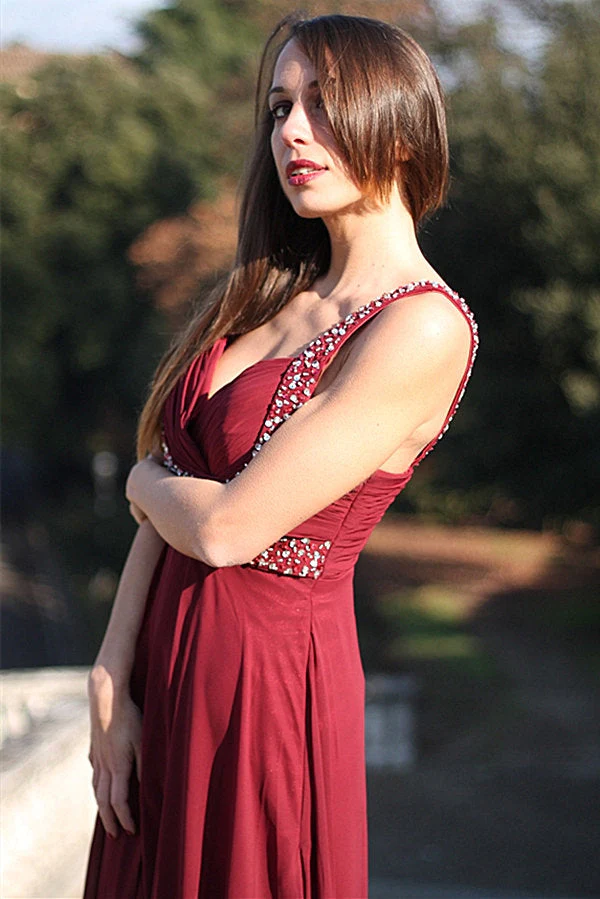 A-line Wide Strap V-neck Floor Length Chiffon Rhinestone Prom Dress - Image 6