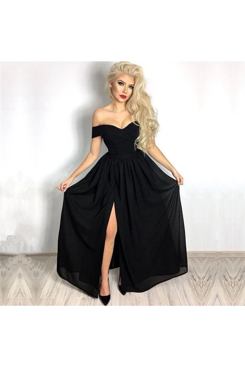 Affordable Chic Black Formal Dresses Off-the-Shoulder Front Slit Evening Dresses - Image 2