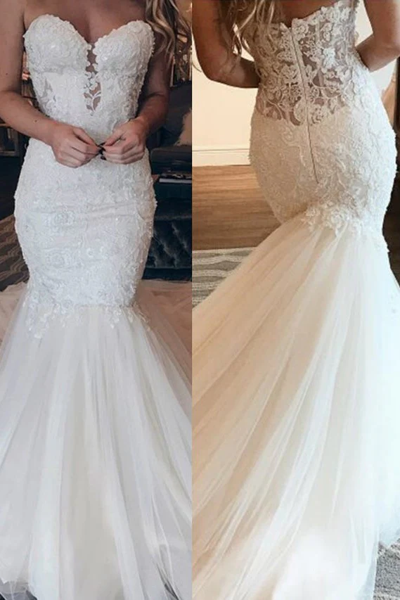 Affordable Strapless Tulle Lace Wedding Dress Chic Mermaid Sleeveless Long Dress For Wedding - Image 2