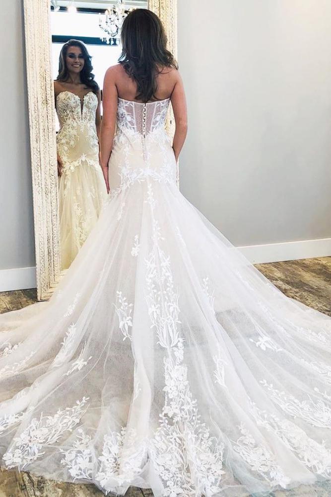 Affordable V neck Sleeveless White Lace Bridal gowns with Train - Image 2
