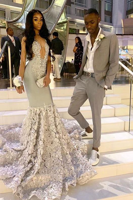 Alluring Chic V-neck Beads Appliques Prom Dresses Fit and Flare Flowers Evening Gowns - Image 2