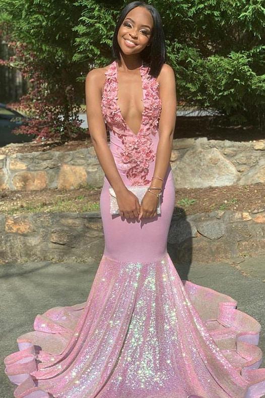 Alluring Halter Applique Glittering Sequins Prom Dresses Ruffles Open Back Chic Mermaid Sleeveless Evening Dresses - Image 2