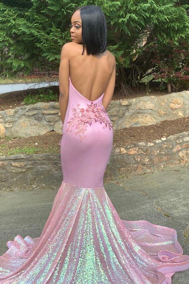 Alluring Halter Applique Glittering Sequins Prom Dresses Ruffles Open Back Chic Mermaid Sleeveless Evening Dresses - Image 3