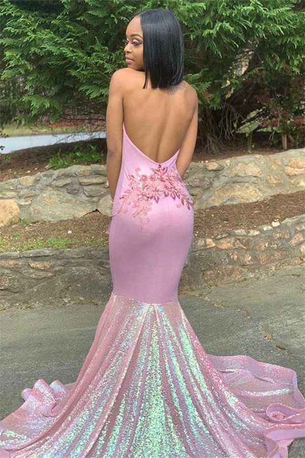 Alluring Halter Applique Glittering Sequins Prom Dresses Ruffles Open Back Chic Mermaid Sleeveless Evening Dresses - Image 4