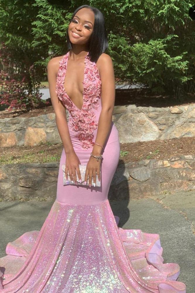 Alluring Halter Applique Glittering Sequins Prom Dresses Ruffles Open Back Chic Mermaid Sleeveless Evening Dresses - Image 5