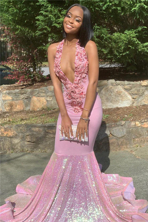 Alluring Halter Applique Glittering Sequins Prom Dresses Ruffles Open Back Chic Mermaid Sleeveless Evening Dresses - Image 6