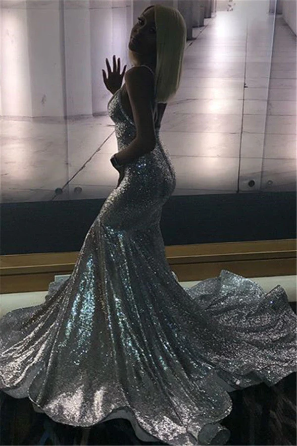 Alluring Spaghetti straps Glittering Sequins Sleeveless Mermaid Open Back Evening Dresses - Image 2
