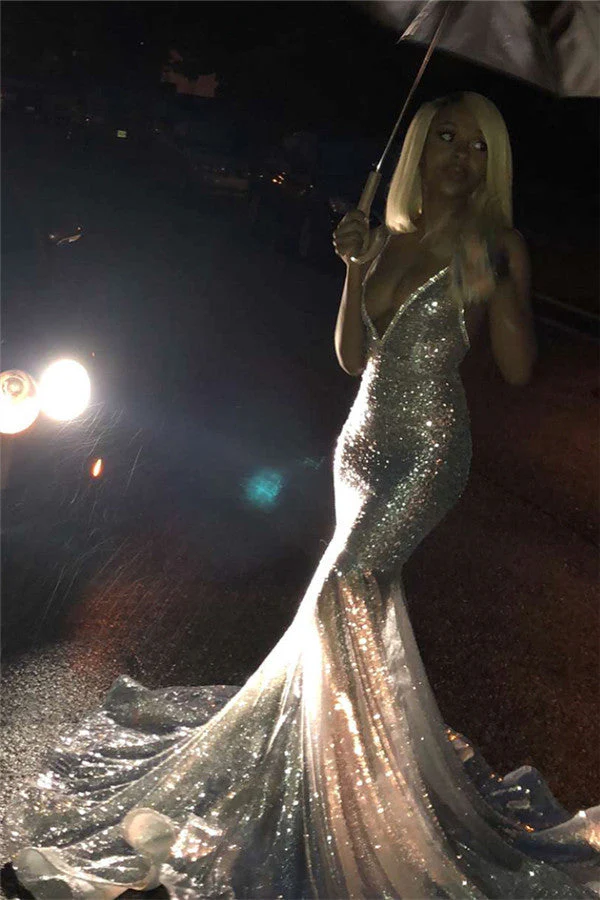 Alluring Spaghetti straps Glittering Sequins Sleeveless Mermaid Open Back Evening Dresses - Image 4