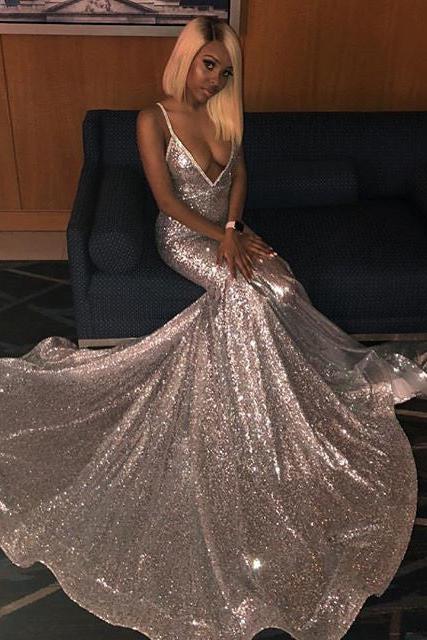 Alluring Spaghetti straps Glittering Sequins Sleeveless Mermaid Open Back Evening Dresses - Image 6