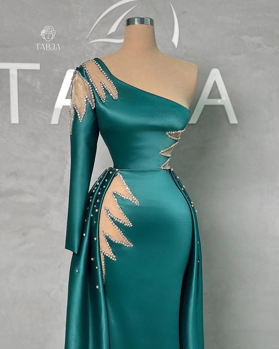 Amazing Floor Length One Shoulder Rhinestones Long Sleeve Prom Dress With Detachable Train - Image 2