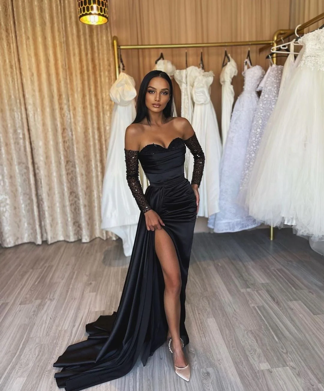 Amazing Long Black Mermaid Front Split Long Sequins Prom Dresses - Image 3