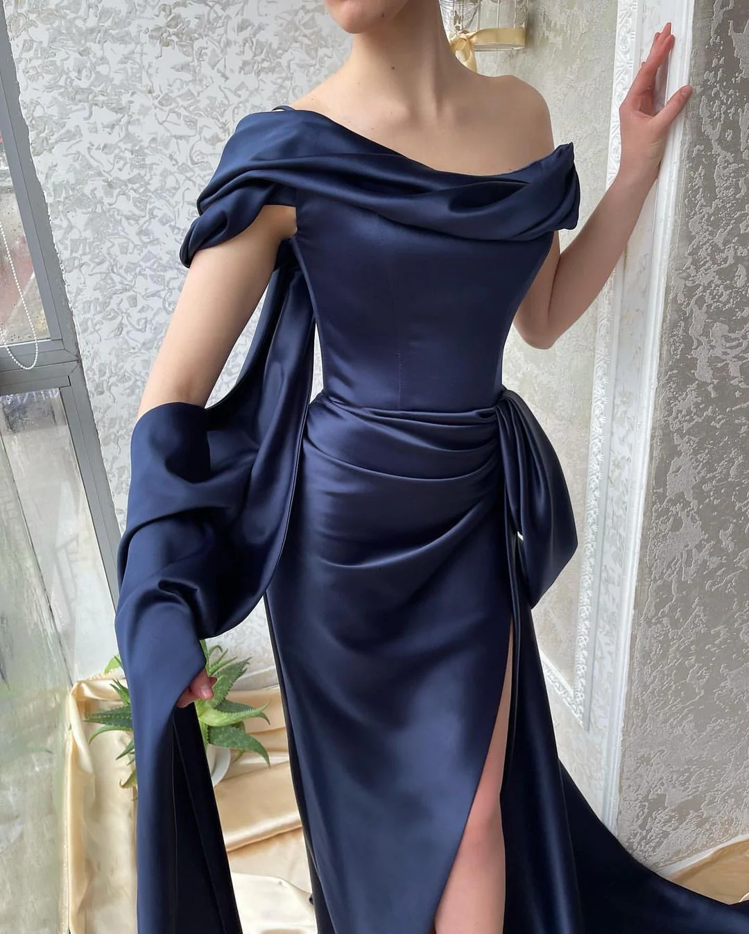 Amazing Long Navy Off-the-Shoulder Mermaid Prom Dresses Long Slit Online - Image 2