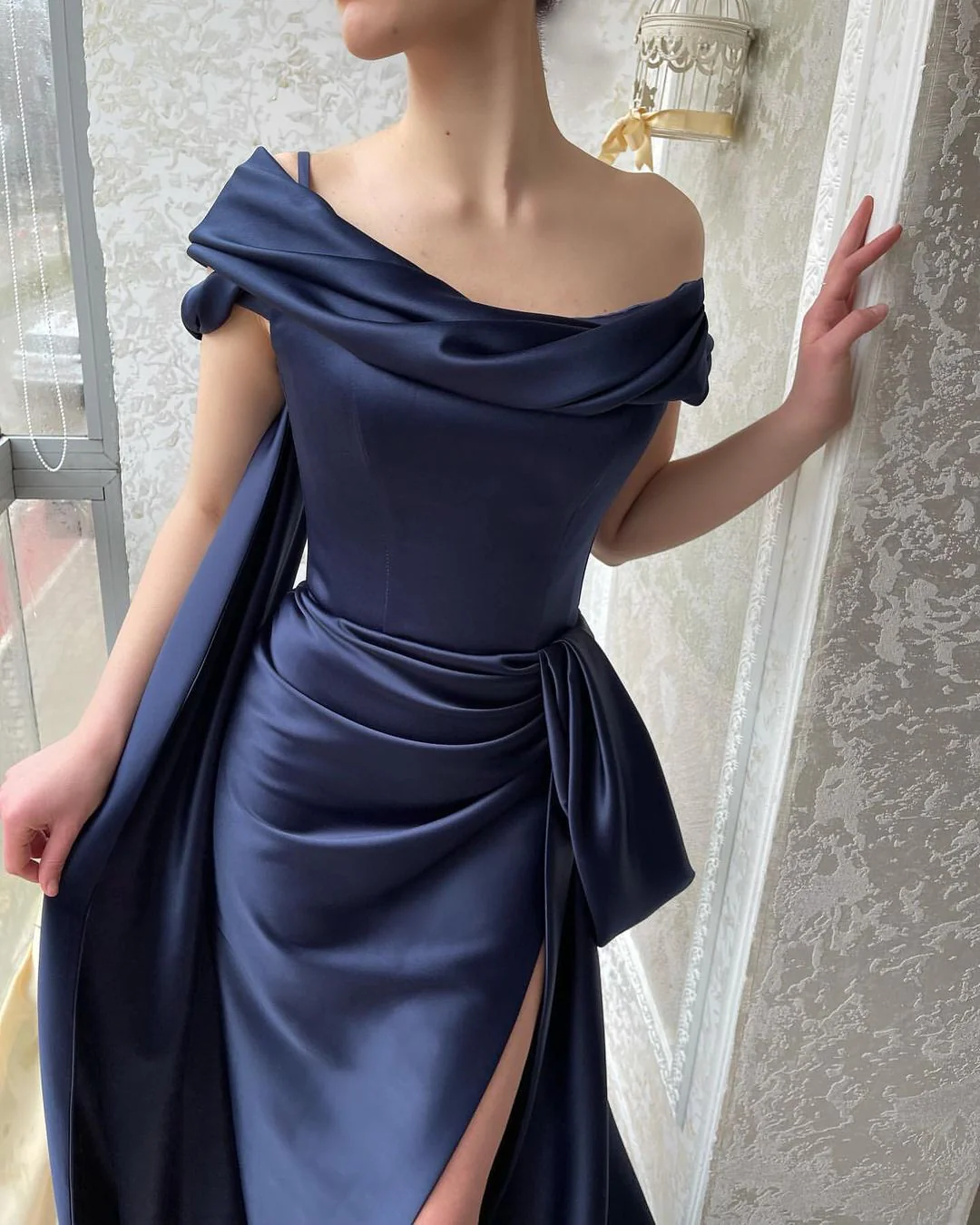 Amazing Long Navy Off-the-Shoulder Mermaid Prom Dresses Long Slit Online - Image 3