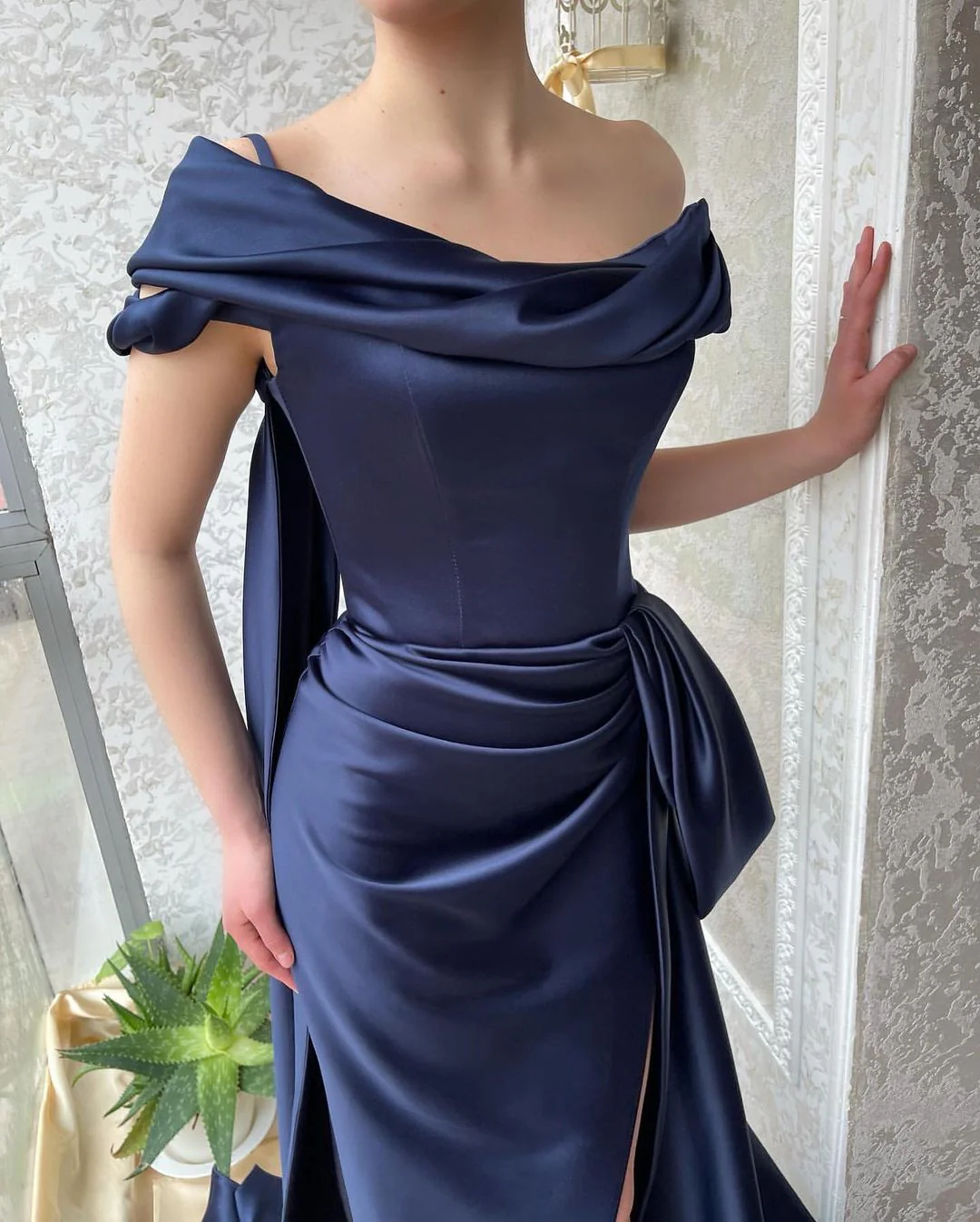 Amazing Long Navy Off-the-Shoulder Mermaid Prom Dresses Long Slit Online - Image 6