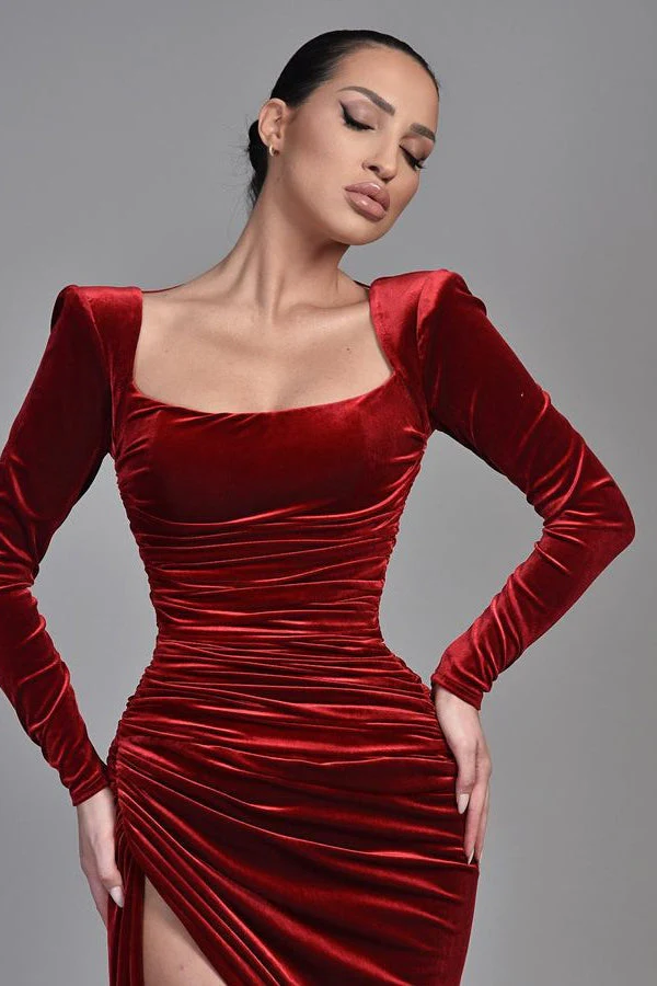 Amazing Long Sleeves Burgundy Prom Dress Velvet  Split - Image 3