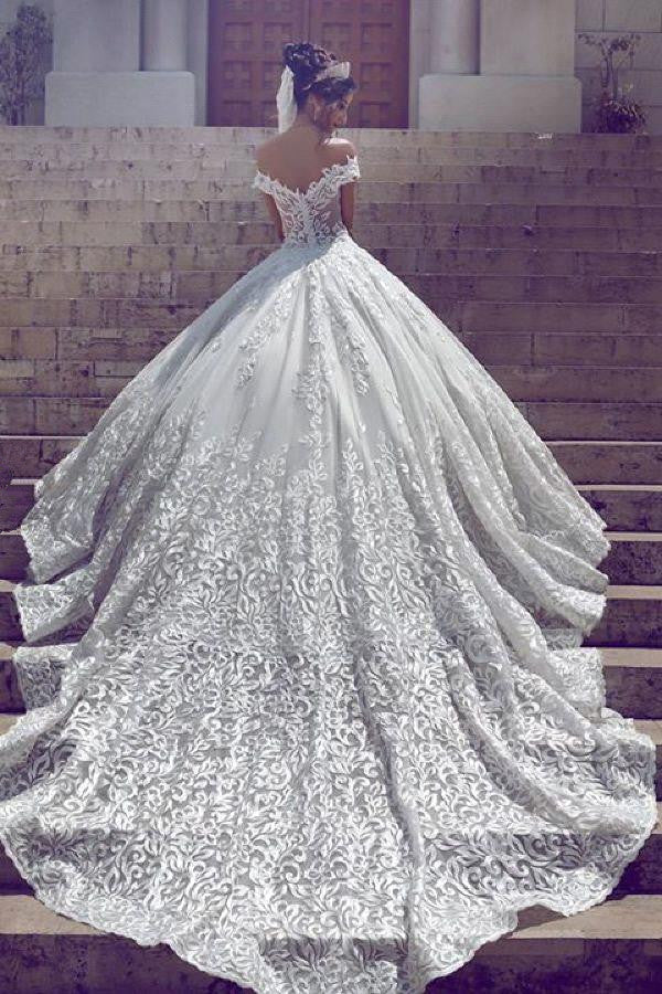 Amazing Off the Shoulder Lace New Short Sleeve Long Wedding Dresses - Image 2