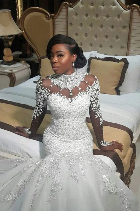 AmazingBeads Lace Appliques High Neck Wedding Dress Mermaid Bridal Dress - Image 2