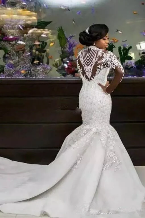 AmazingBeads Lace Appliques High Neck Wedding Dress Mermaid Bridal Dress - Image 3