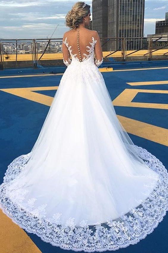AmazingLace Sweep Train Bridal Gown Long Sleeves Tulle Wedding Dresses - Image 2