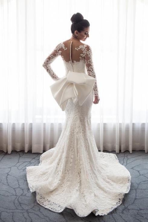 AmazingMermaid Lace Bowknot Wedding Bride Dress Detachable Overskirt Sleeve Bridal Dress - Image 3