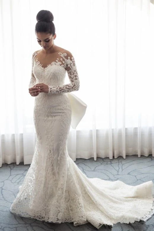 AmazingMermaid Lace Wedding Dress with Sleeves Bowknot Detachable Overskirt Bride Dress - Image 2