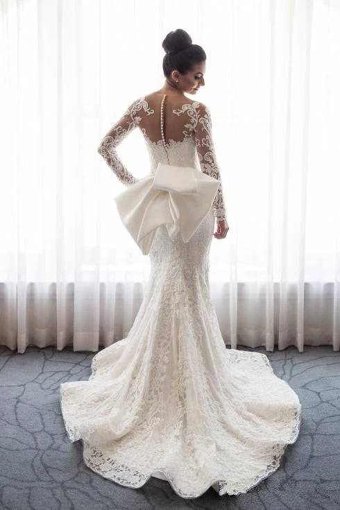 AmazingMermaid Lace Wedding Dress with Sleeves Bowknot Detachable Overskirt Bride Dress - Image 3