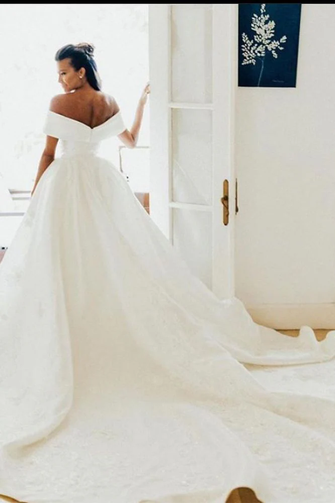 AmazingOff the Shoulder Aline Satin Bridal Gown Garden Wedding Dress - Image 4