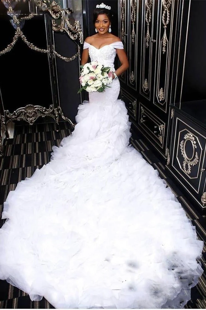 AmazingOff the Shoulder Lace Wedding Dress Mermaid Ruffless Bridal Gowns - Image 2