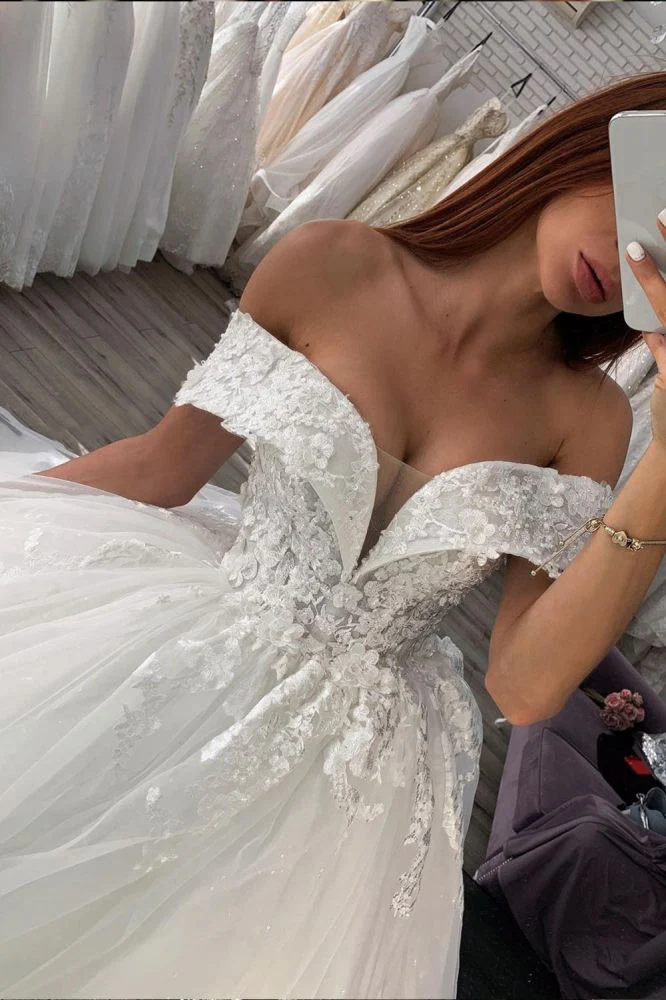 AmazingOff the ShoulderWhite/Ivory Floral Lace Bridal Gown Spring Ball Gown - Image 2