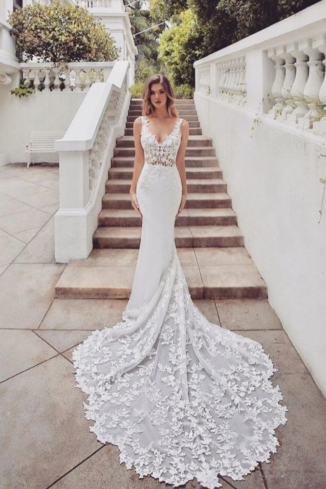AmazingTrain Sleeveless V neck Lace mermaid wedding dresses - Image 2