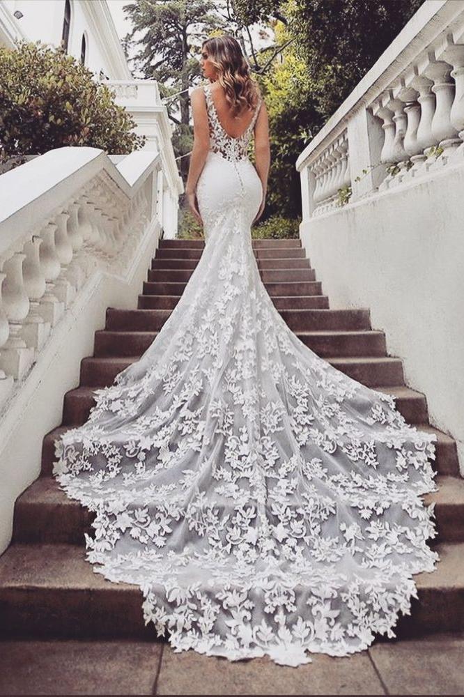 AmazingTrain Sleeveless V neck Lace mermaid wedding dresses - Image 3