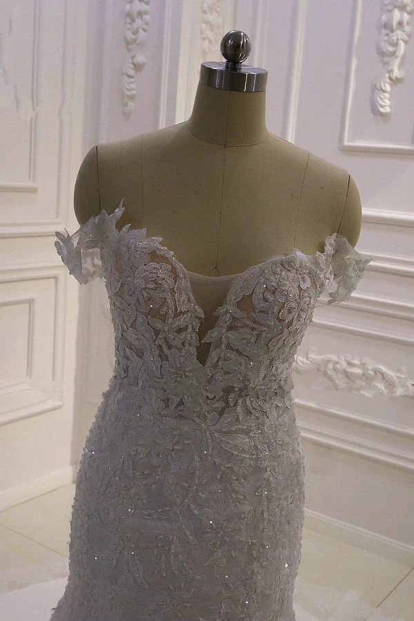 AmazingWhite 3D Lace applique Off the Shoulder Mermaid Bridal Gowns - Image 3