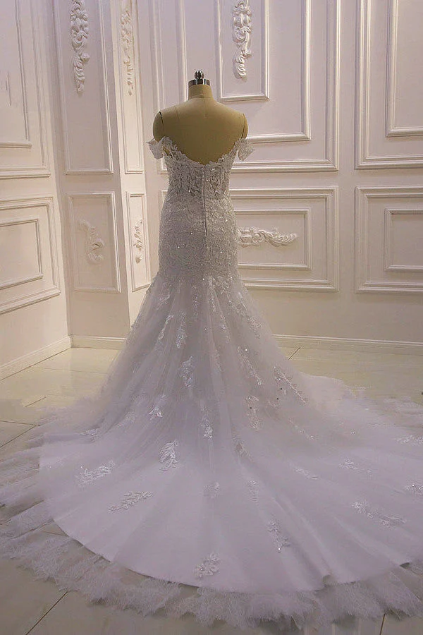 AmazingWhite 3D Lace applique Off the Shoulder Mermaid Bridal Gowns - Image 4